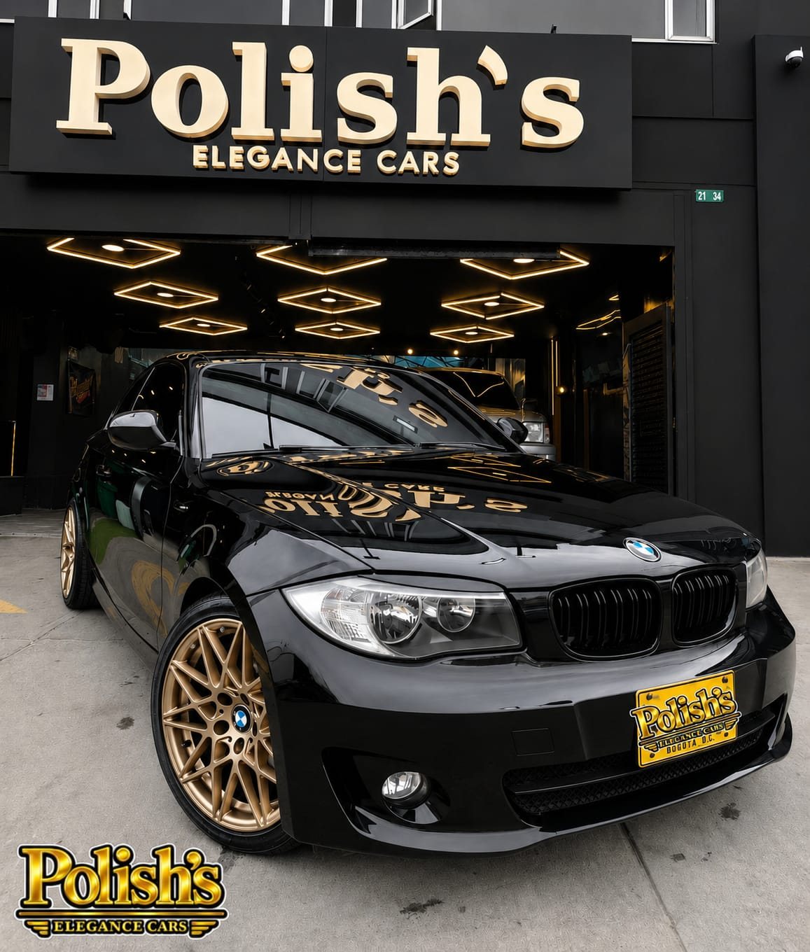 BMW negro con rines dorados detallado en Polish's Elegance Cars, Bogotá